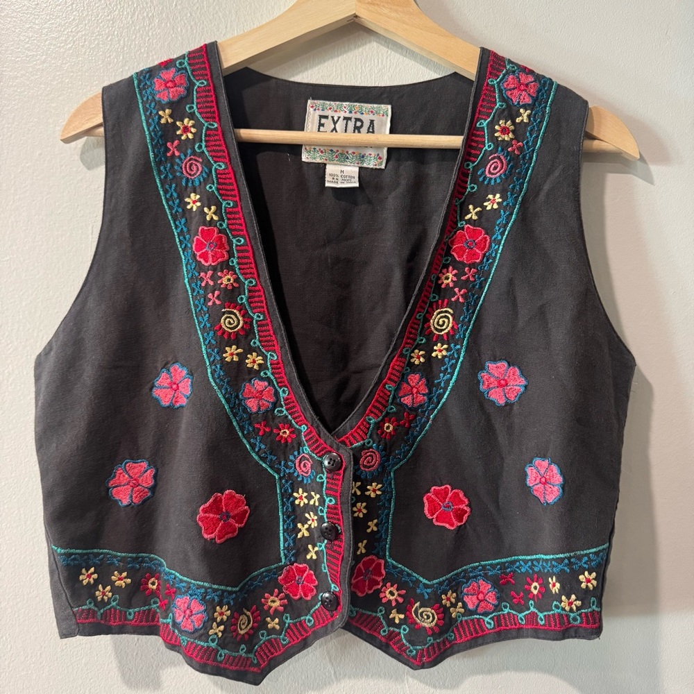 Embroidered Cotton Vest Medium Artistic Vintage Colorful Floral Gray
